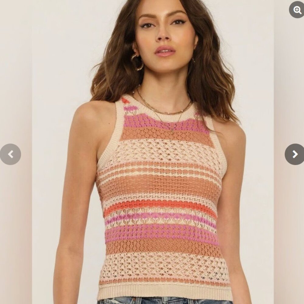Heartloom Multi Color Striped Open‎ Knit Sleeveless Crochet Knit Top Medium